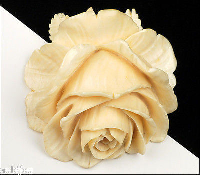 Vintage Large 3D Bone Hand Carved Floral Flower Rose Pendant Art Deco Jewelry