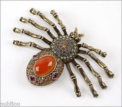 Heidi Daus Figural Faux Carnelian Glass Rhinestone Spider Brooch Pin Web Weaver