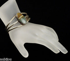 Vintage Sterling Silver Agate Cabochon Banded Cuff Bracelet Southwestern Retro