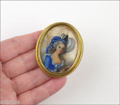Vintage Hand Painted Porcelain Courbiere Portrait French Rococo Brooch Pin Girl