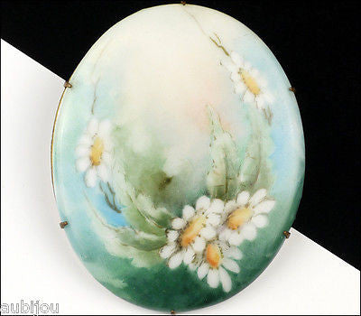 Antique Porcelain Hand Painted Floral White Daisy Green Leaf Flower Brooch Pin