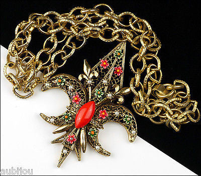 Vintage Signed Art Heraldic Red Enamel Fleur De Lis Lily Pendant Necklace Floral