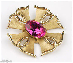 Vintage Trifari Heraldic Fuchsia Glass Rhinestone Cross Brooch Pin Set Earrings