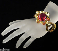 Vintage Rare Crown Trifari Ruby Red Faceted Glass Snake Chain Floral Bracelet 1940's