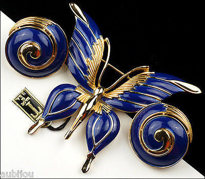 Vintage Crown Trifari Figural Dark Blue Enamel Butterfly Insect Brooch Pin Set