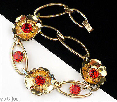 Vintage Simmons Gold Filled Gf Floral Red Rhinestone Flower Bracelet Art Deco