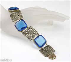 Antique Art Nouveau Cobalt Blue Openback Rhinestone Filigree Bracelet Brass 1900's