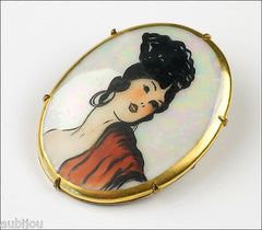 Antique Hand Painted Porcelain Portrait Miniature Spanish Girl Romani Brooch Pin