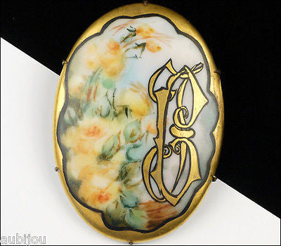 Antique Victorian Porcelain Hand Painted Floral Rose Monogram Flower Brooch Pin