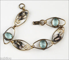Vintage Sterling Gold Filled Aqua Aquamarine Blue Rhinestone Leaf Bracelet 1940's