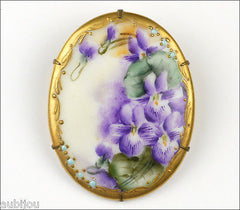 Vintage Porcelain Handpainted Floral Purple Violet Viola Pansy Flower Brooch Pin