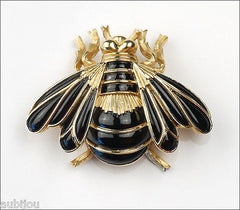 Vintage Crown Trifari Figural Black Enamel Bee Fly Bug Insect Brooch Pin 1960's