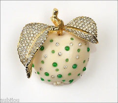 Vintage Nettie Rosenstein 3D Carved Bone Fruit Apple Jade Rhinestone Brooch Pin