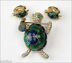 Vintage Ciner Figural Green Blue Enamel Rhinestone Turtle Hobo Brooch Pin Set 1960's