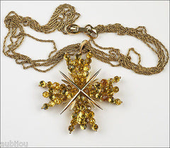 Vintage Trifari Briolette Light Topaz Glass Cross Flower Brooch Pin Set Necklace
