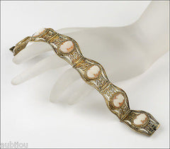 Vintage Filigree Sterling Silver Carved Shell Cameo Bracelet Art Deco 1920's