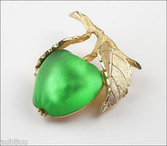 Vintage Napier Frosted Molded Glass Green Apple Brooch Pin Fruit Jewelry 1960's