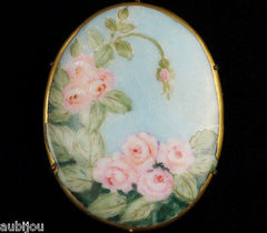 Vintage Porcelain Handpainted Floral Blue Pink Rose Bud Leaf Flower Brooch Pin