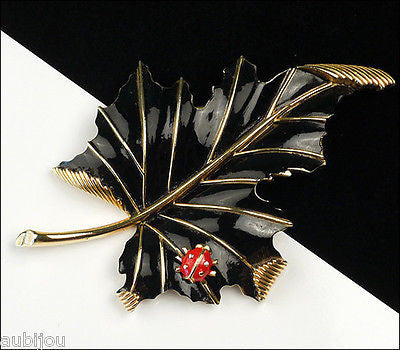 Vintage Crown Trifari Floral Black Enamel Leaf Ladybug Insect Fall Brooch Pin