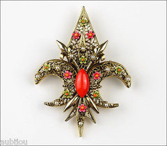 Vintage Signed Art Heraldic Red Enamel Fleur De Lis Lily Brooch Pin Floral 1960's