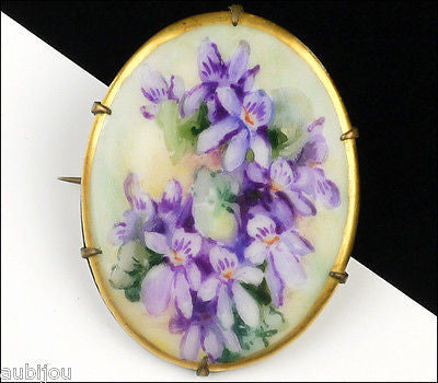 Vintage Porcelain Handpainted Floral Purple Violet Pansy Flower Leaf Brooch Pin