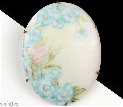 Vintage Porcelain Handpainted Light Blue Forget Me Not Flower Brooch Pin 1920's