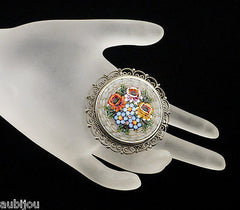 Vintage Italy Mosaic Filigree Floral Flower Brooch Pin Souvenir Forget Me Not