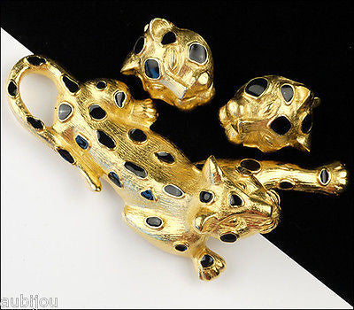 Vintage Trifari Enamel Figural Leopard Panther Cat Brooch Pin Set Earrings