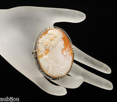 Antique Filigree 14K White Gold Genuine Shell Flora Cameo Brooch Pin Pendant