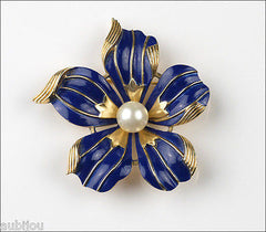 Vintage Crown Trifari Cobalt Blue Enamel Floral Dogwood Flower Brooch Pin 1960's