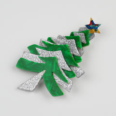 Lea Stein Paris Brooch Christmas Tree or Fir With a Star Green and Silver