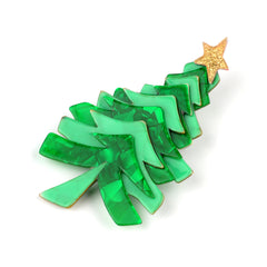 Lea Stein Paris Brooch Christmas Tree or Fir With a Star Light and Dark Green