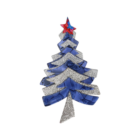 Lea Stein Paris Brooch Christmas Tree or Fir With a Star Blue and Silver