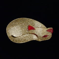 Lea Stein Paris Brooch Mistigri the Cat Gold Glitter and Red