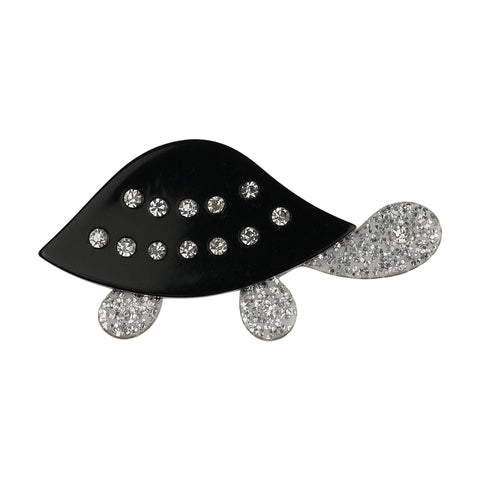 Lea Stein Paris Vintage Brooch Turtle Black and Silver with Clear Rhinestones