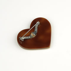 Lea Stein Paris Vintage Brooch Heart Beige and Brown with Clear Rhinestones