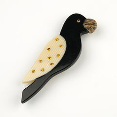 Lea Stein Paris Vintage Brooch Parrot Black and Ivory with Topaz Rhinestones