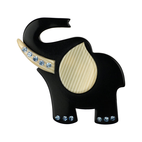 Lea Stein Paris Vintage Brooch Elephant Black and Ivory with Blue Rhinestones