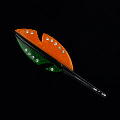 Lea Stein Paris Vintage Brooch Leaf or Feather Orange Green and Black with Clear Rhinestones