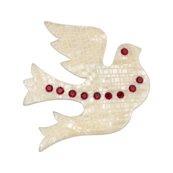 Lea Stein Paris Vintage Brooch Mesange Tit or Dove Bird Ivory with Red Rhinestones