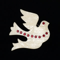 Lea Stein Paris Vintage Brooch Mesange Tit or Dove Bird Ivory with Red Rhinestones