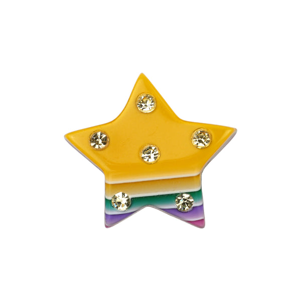 Lea Stein Paris Vintage Brooch Star Yellow and Layered Multicolor with Clear Rhinestones