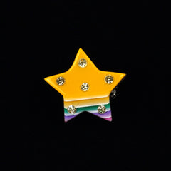 Lea Stein Paris Vintage Brooch Star Yellow and Layered Multicolor with Clear Rhinestones