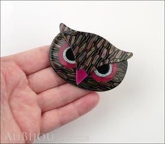 Lea Stein Athena The Owl Head Brooch Pin Black Multicolor Purple Model