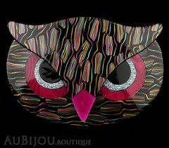 Lea Stein Athena The Owl Head Brooch Pin Black Multicolor Purple