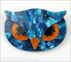 Lea Stein Athena The Owl Head Brooch Pin Blue Mosaic Orange Front