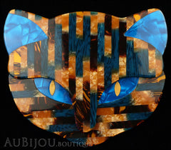 Lea Stein Bacchus The Cat Head Brooch Pin Blue Gold Mosaic