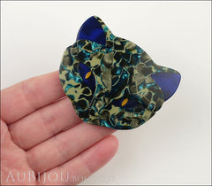 Lea Stein Bacchus The Cat Head Brooch Pin Blue Green Mosaic Model