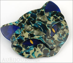 Lea Stein Bacchus The Cat Head Brooch Pin Blue Green Mosaic Side