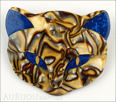 Lea Stein Bacchus The Cat Head Brooch Pin Blue Pearly Caramel Front